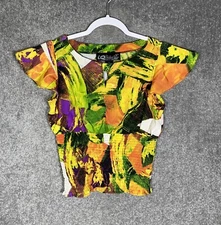 CQ Authentic Brand Flutter Sleeve Smocked Top Women Size Medium Petite Abstract
