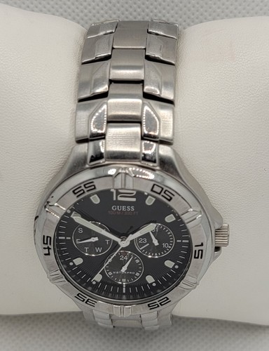 Mens Guess Waterpro Round Silver Tone Black Dial Link Bracelet Analog Watch J9 - Picture 4 of 13