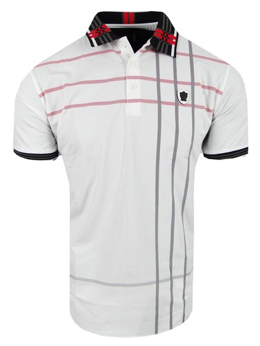 Polo Shirt Mens Plaid Collar Sport Stripe Trim Badge Slim Fit Stretch Casual - Picture 6 of 11