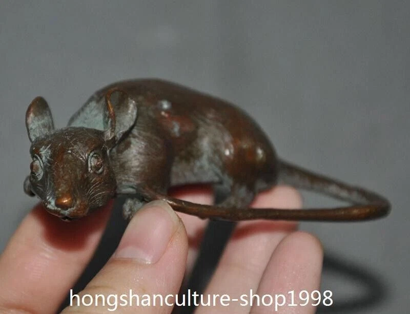3.4'' old Chinese bronze 12 Zodiac Year wealth animal mouse Ret Feng Shui statue - Image 2 of 4