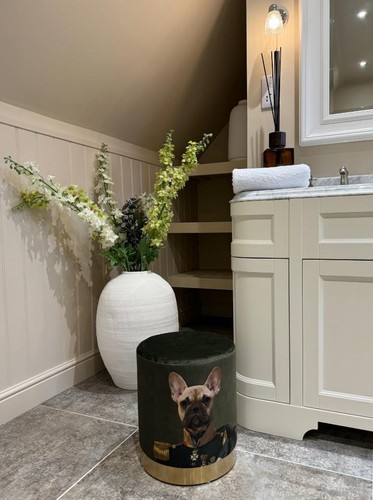 Quirky Stool - French Bulldog Vintage Military Uniform - Green Velvet Gold Base - Picture 5 of 7