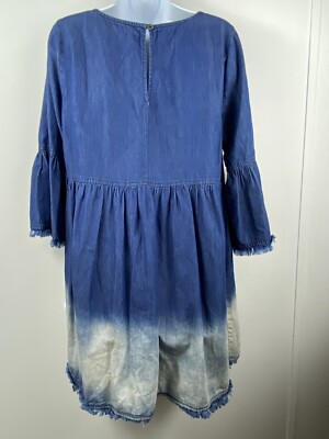 True Craft Womens L Blue Ombr Chambray Denim Dress Bell Sleeves Fringe  Trim | eBay
