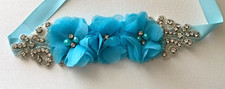 Bridal Wedding Belt Satin Flower Rhinestone Women Dress Ribbon Light Blue NEW