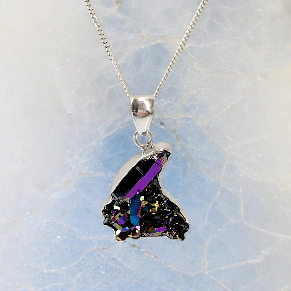 Colar assinado Charles Albert 950 prata esterlina fina pingente de quartzo Arora 20" - Imagem 2 de 4