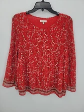 Max Studio Top Womens Medium Red Floral Stretch Pleat Long Sleeve Boho Artsy