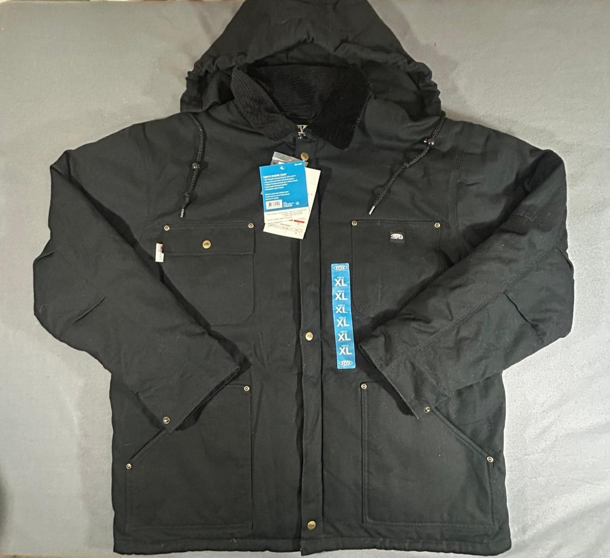 Rugged Wear Men's Black Heavy Duty Hooded Full Zip Work Coat Jacket Size XL NWT