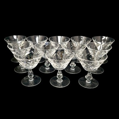 SET OF 12 VINTAGE CHAMPAGNE GLASSES BY GRACE CUT LEAF PATTERN & FACETED STEM