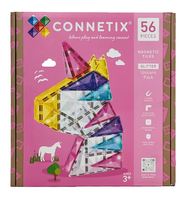 Connetix 56 Piece Magnetic Tiles Set Glitter Unicorn Pack|STEM Toy NEW Sealed