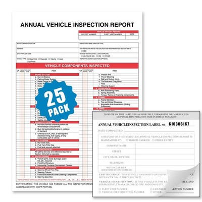 Annual Vehicle Inspection Report Form 25-pk 3-Ply Carbonless, 8.5'' x 11.75'' +...