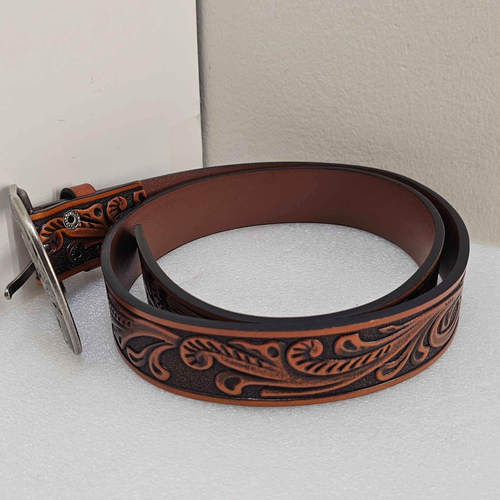 Western Leather Belt Cowboy Rodeo Casual Leather Belt Floral Embossed
