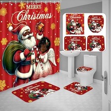 4Pcs Christmas Shower Curtain Bathroom Set - Black Santa Claus Girl santa claus