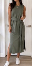 Banana Republic S Olive Green Midi Dress Belted Side Slits Sleeveless Soft Comfy
