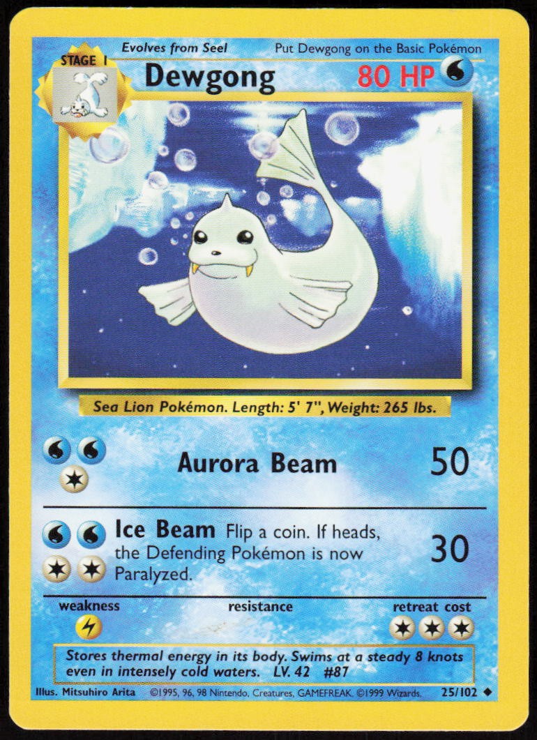 Dewgong 25/102 Uncommon Base Set Unlimited Pokemon Lightly Played