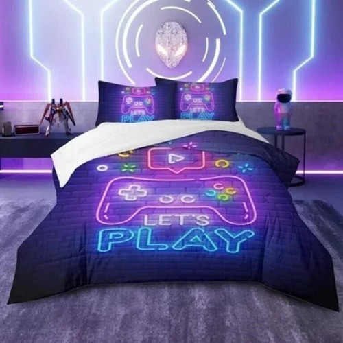 Gaming Comforter Set Full Size 3-Piece Neon Controller “Let’s Play” Gamer Beddin