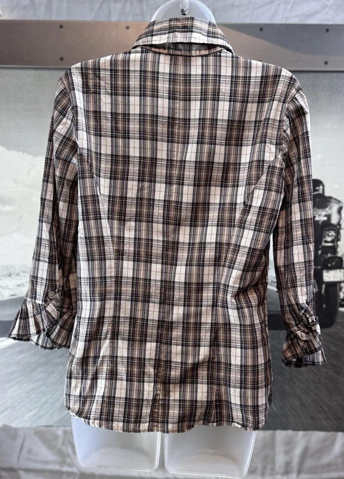 Blusa Harolds Vintage Para Mujer con Botones Talla Mediana Verde Gris Volantes a Cuadros Foto 3 de 4