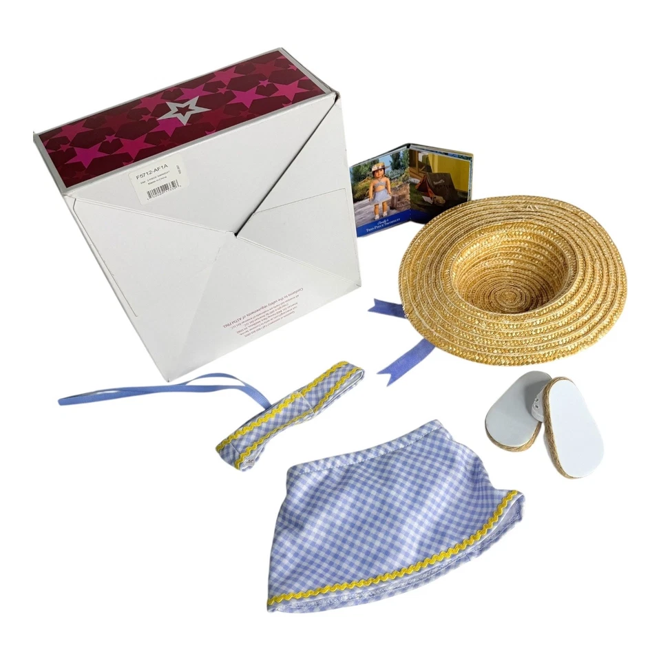 Traje de baño American Girl Emily de dos piezas conjunto sombrero tarjetas comerciales sandalia blanca zapatos Foto 3 de 4