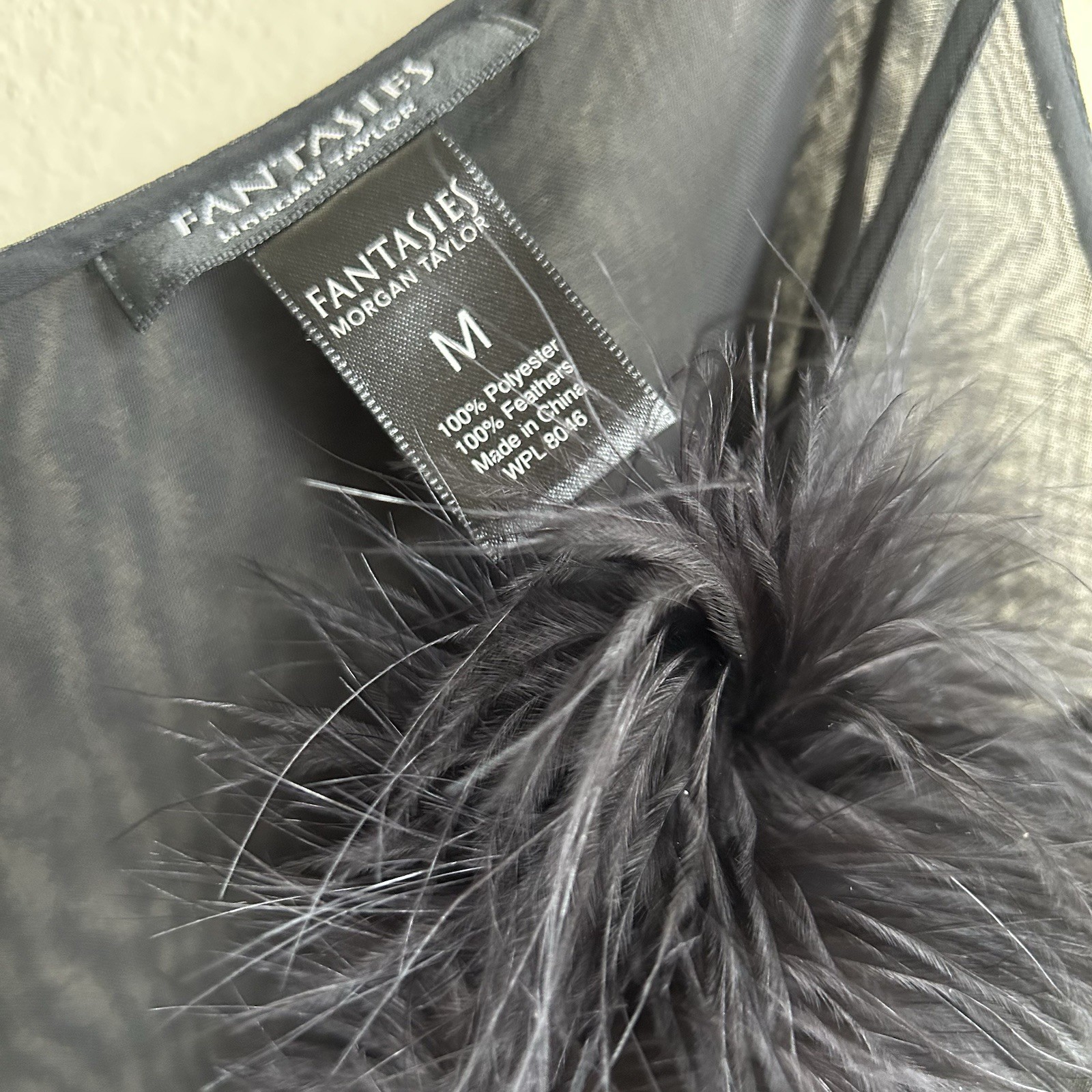 Fantasies by Morgan Taylor Black Sheer Feather Trim Lingerie Dress Size M