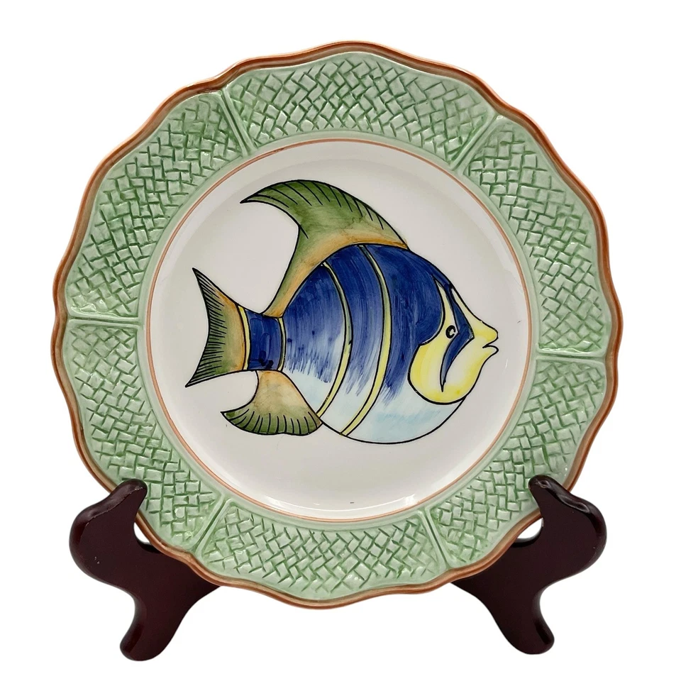 Juego de 4 platos de ensalada de pescado escala palma Vietri Oasi Italia 8" pintados a mano años 90 Foto 2 de 4