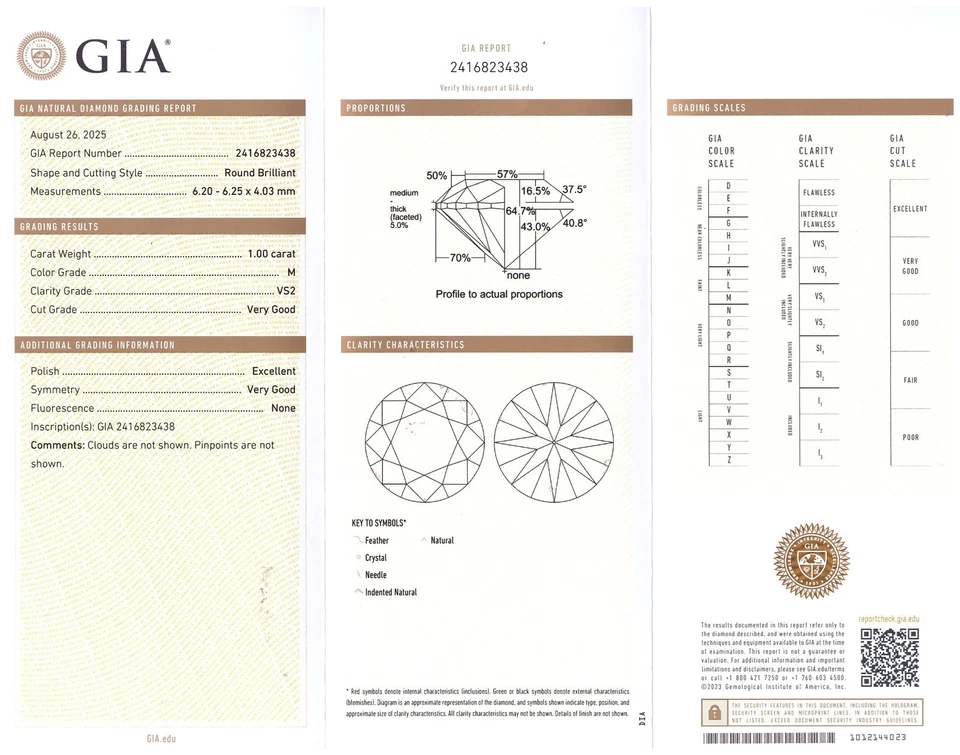 Colgante Brillante 1,00 CT M / Vs GIA Certificado 750 Wg Valioso Natural - Imagen 3 de 4
