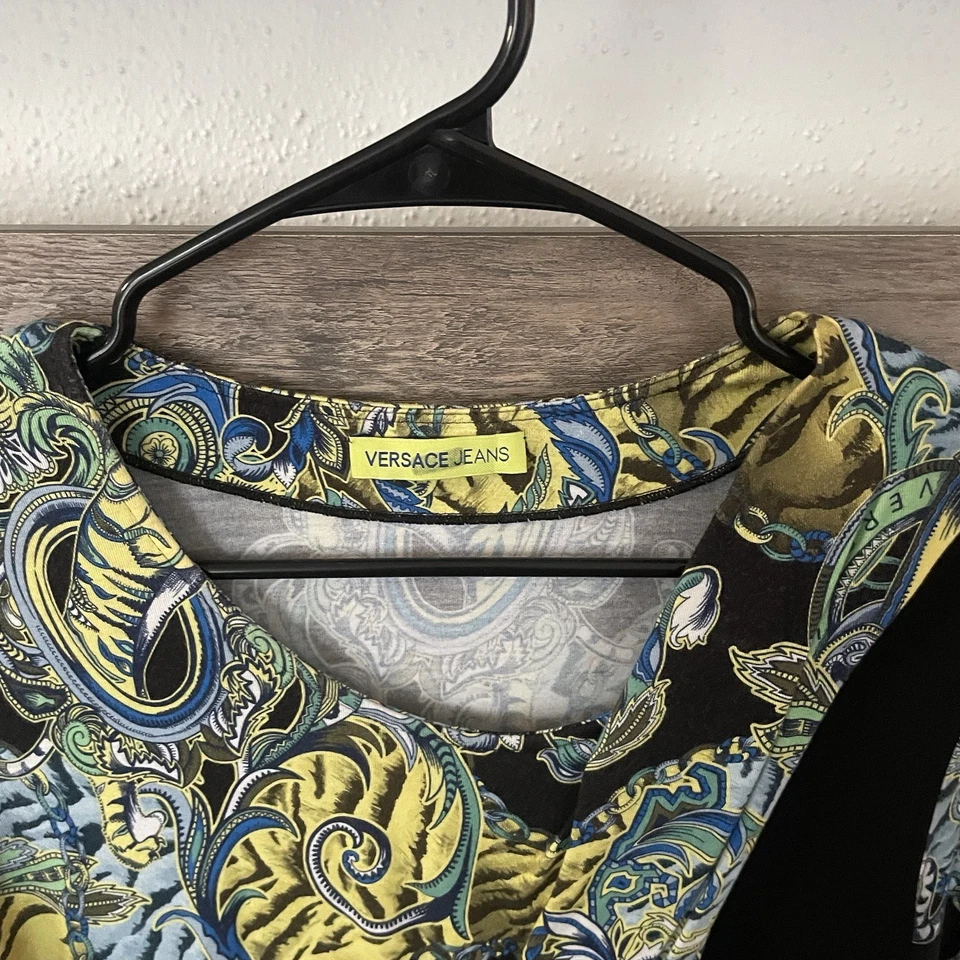 Versace Jeans Women’s Logo Patterned Top Long Sleeve Yellow/Black Sheer Side 10 - Image 2 of 4