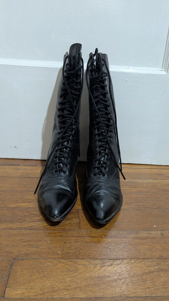 Botas para mujer victorianas eduardianas con cordones de cuero negro excelente talla 6,5, 7 Foto 3 de 4