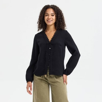 Women Puff Long Sleeve Lace Trim V-Neck Top - Universal Thread Black