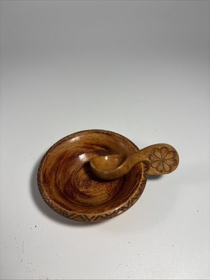 Vintage Hand Carved Mini Wooden Bowl And Spoon With Latvian Ethnographic Symbols