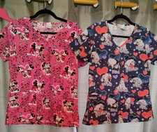 Disney Scrub Tops Eeyore  MickyMinney Sz S Pockets  Side Slits Set Of 2