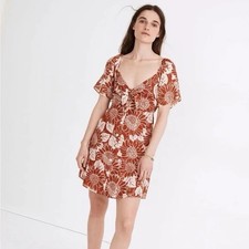 Madewell Floral Silk V-Neck Flutter Sleeve Mini Dress Rust  White Size 0