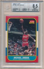 MICHAEL JORDAN 1986/87 FLEER #57 RC ROOKIE CARD CHICAGO BULLS SP BGS 8.5 NM-MT+. rookie card picture