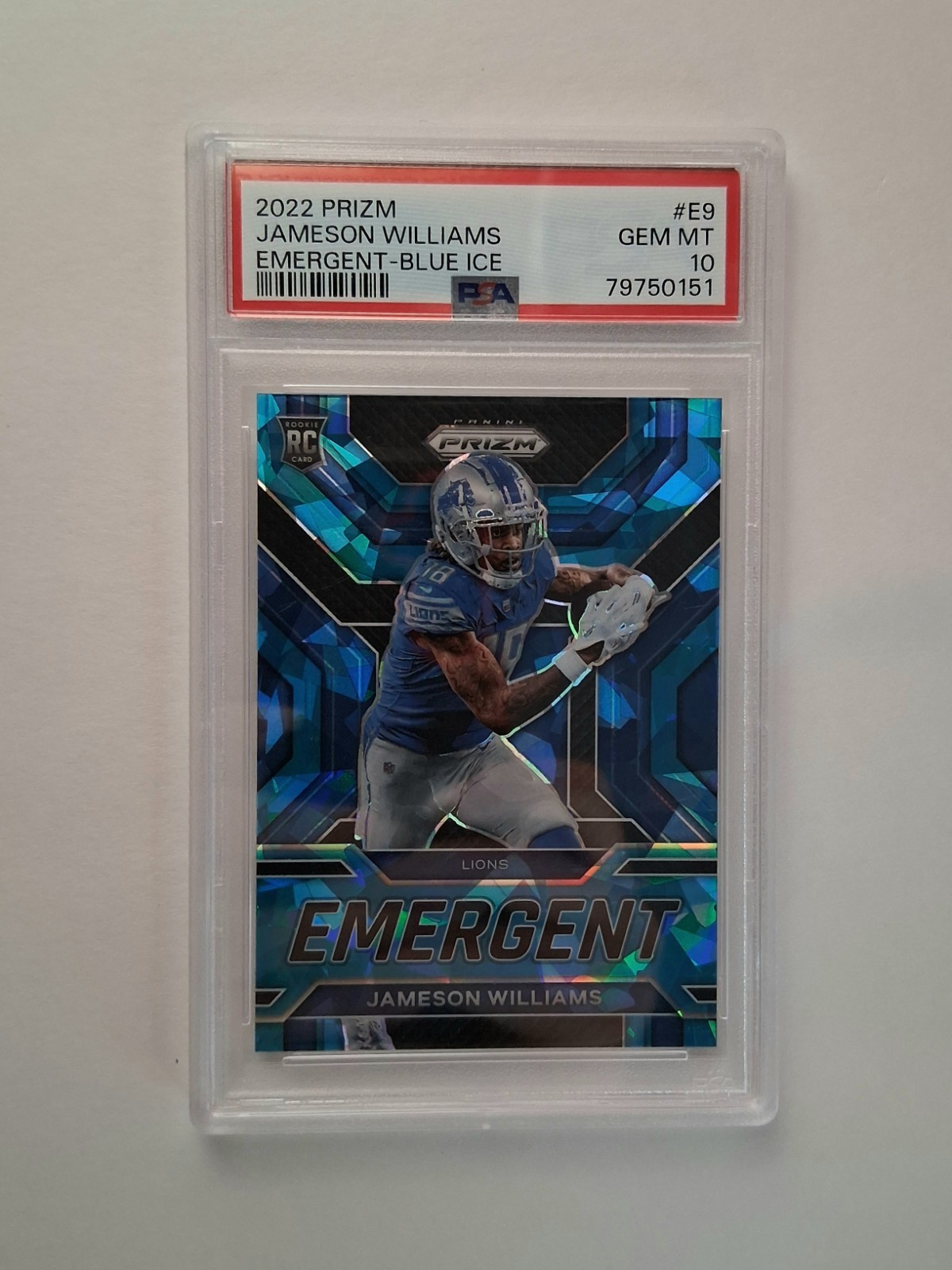 2022 Panini Prizm - Emergent Jameson Williams RC #E-9 Blue Ice Prizm /99 PSA 10
