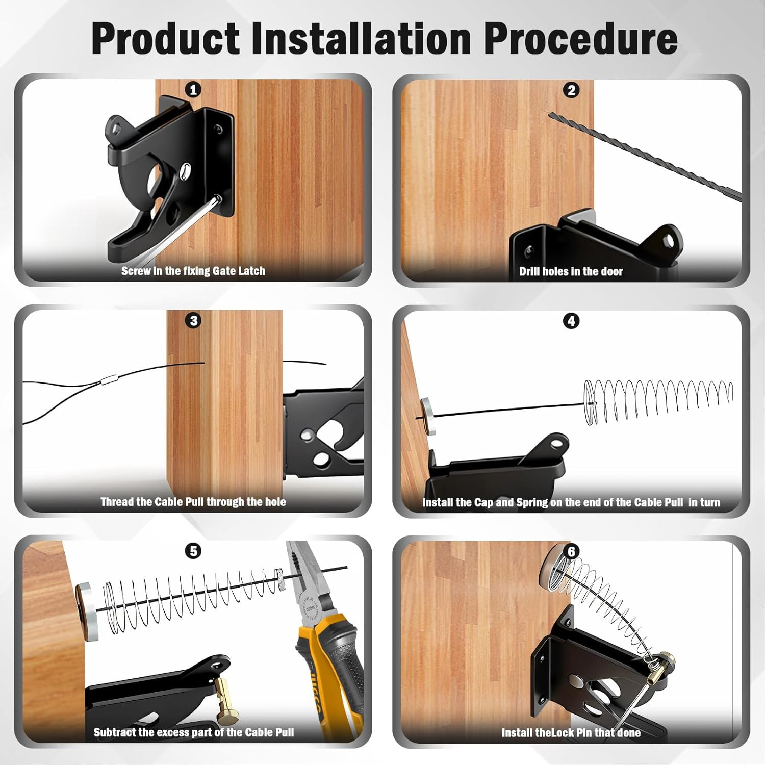 Gate Latch, Self Locking Door Latche with Stainless Steel Spring Cable Pull, Hea