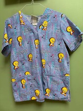 Looney Tunes Tweety Bird Blue Scrub Top Nurses are so Tweet Womens Sz Med