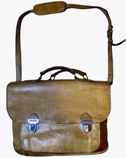 Vintage Thick Leather Messenger Briefcase Tan Work Satchel Italian Hardware