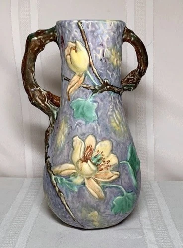 WELLER POTTERY, SILVERTONE, LARGE MAGNOLIA BRANCH HANDLED VASE, VERY COLORFUL~~~