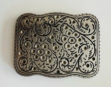 Western Floral Engraved Belt Buckle, Antique Silver Tone, Cowboy, Cowgirl