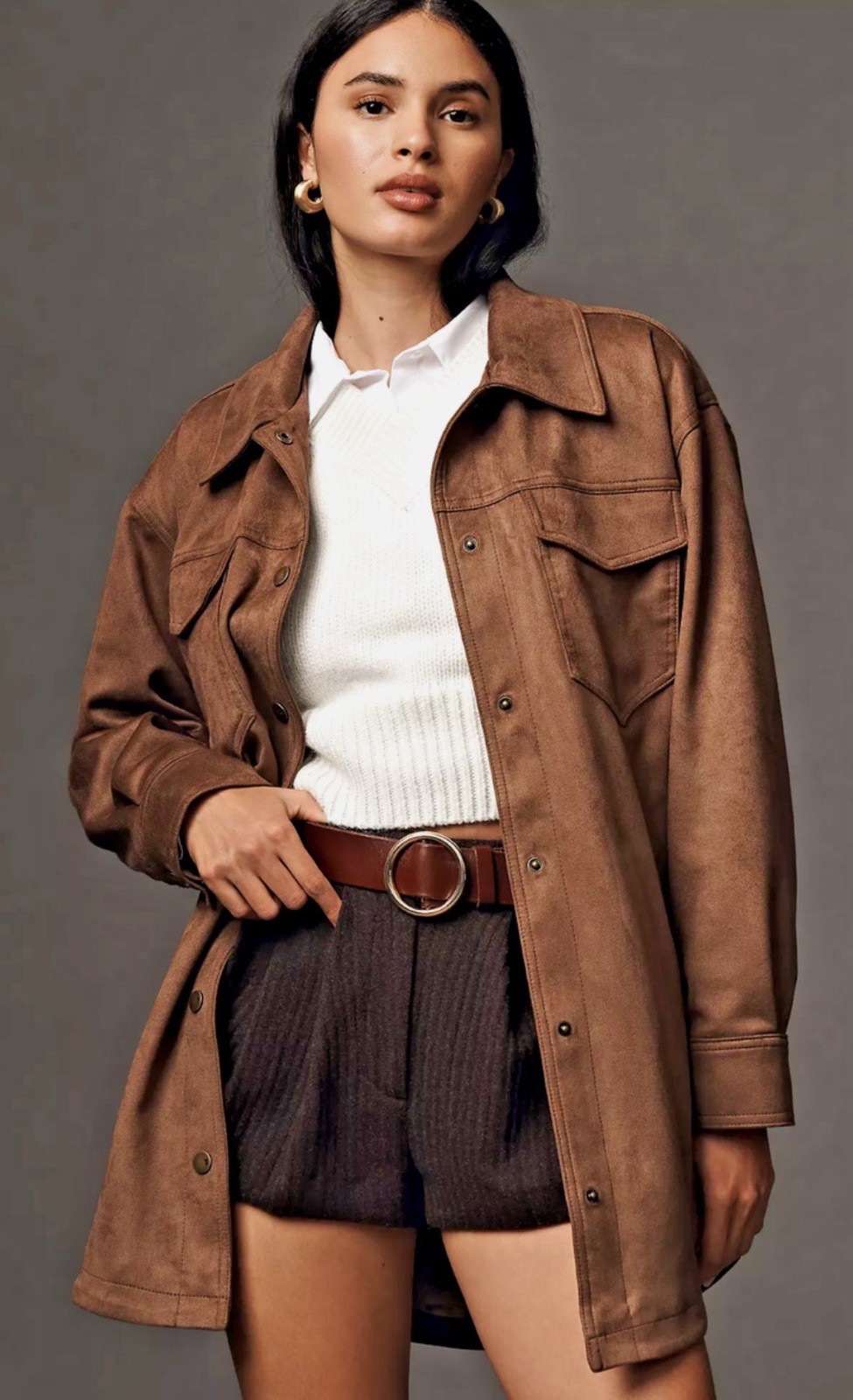 Anthropologie Pilcro The Tillie Relaxed Faux-Suede Shacket L Brown Jacket
