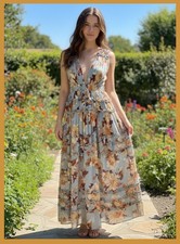 Forever 21 Floral Maxi Dress Size Med Light Blue Feminine Deep V Ruffles Flowy