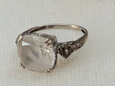 Art Deco Style Sterling Silver 925 Large Faceted White Topaz Glass Ring Scroll W