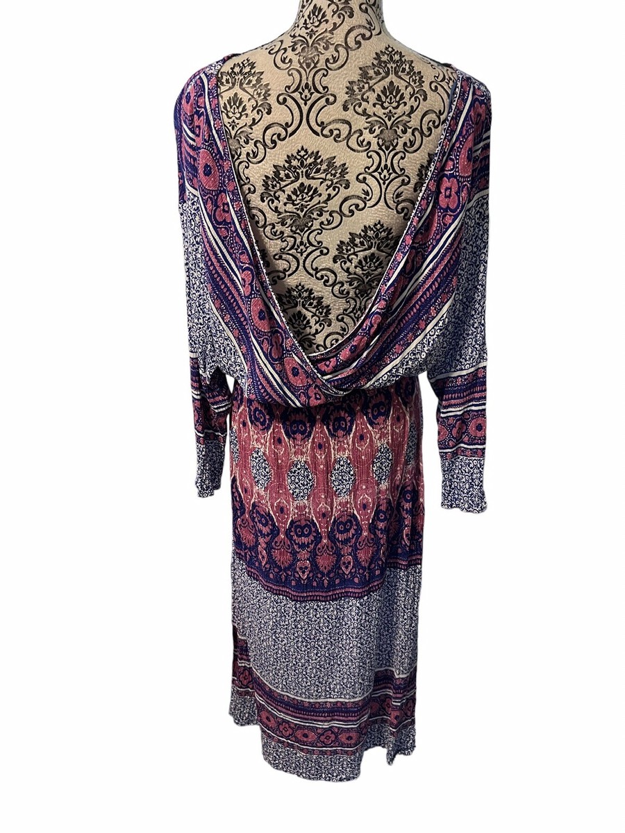 Free People Women's Large Midi Dress V-Back Long Sleeve Boho Print | eBay