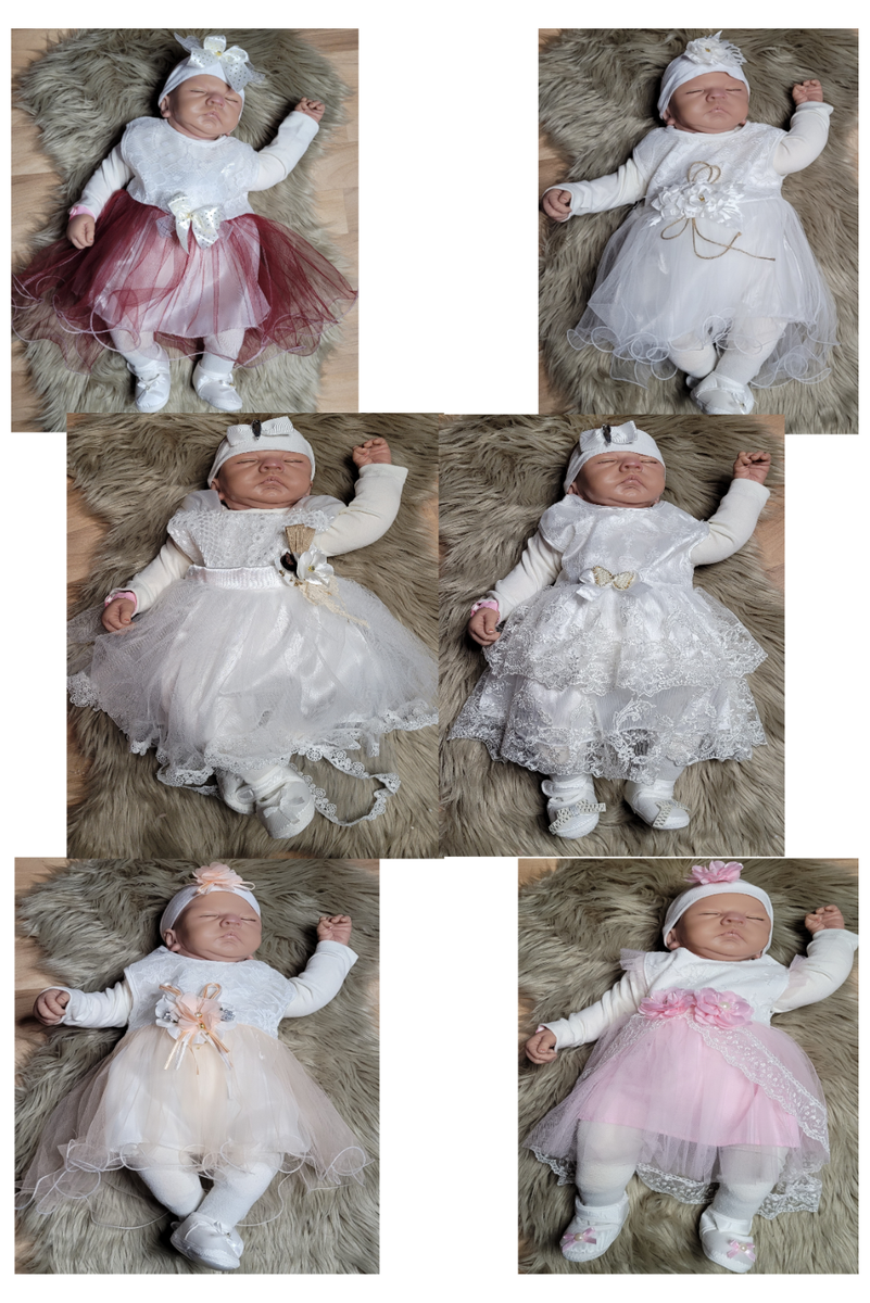 Baby-Taufkleid Mit Stirnband, Unterhose & Bolero - Komplett Set Aus Polyester