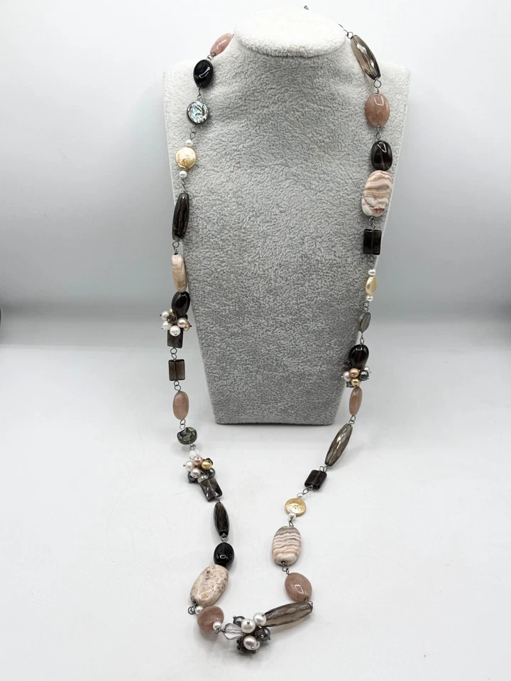 Genuine Pearl Agate Smokey Quartz Abalone Shell & MOP Long Beaded Necklace — 第 3/4 张图片