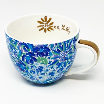 Lilly Pulitzer Floral Coffee Mug Tea Cup Blue Gold Ceramic Summer Spring Easter