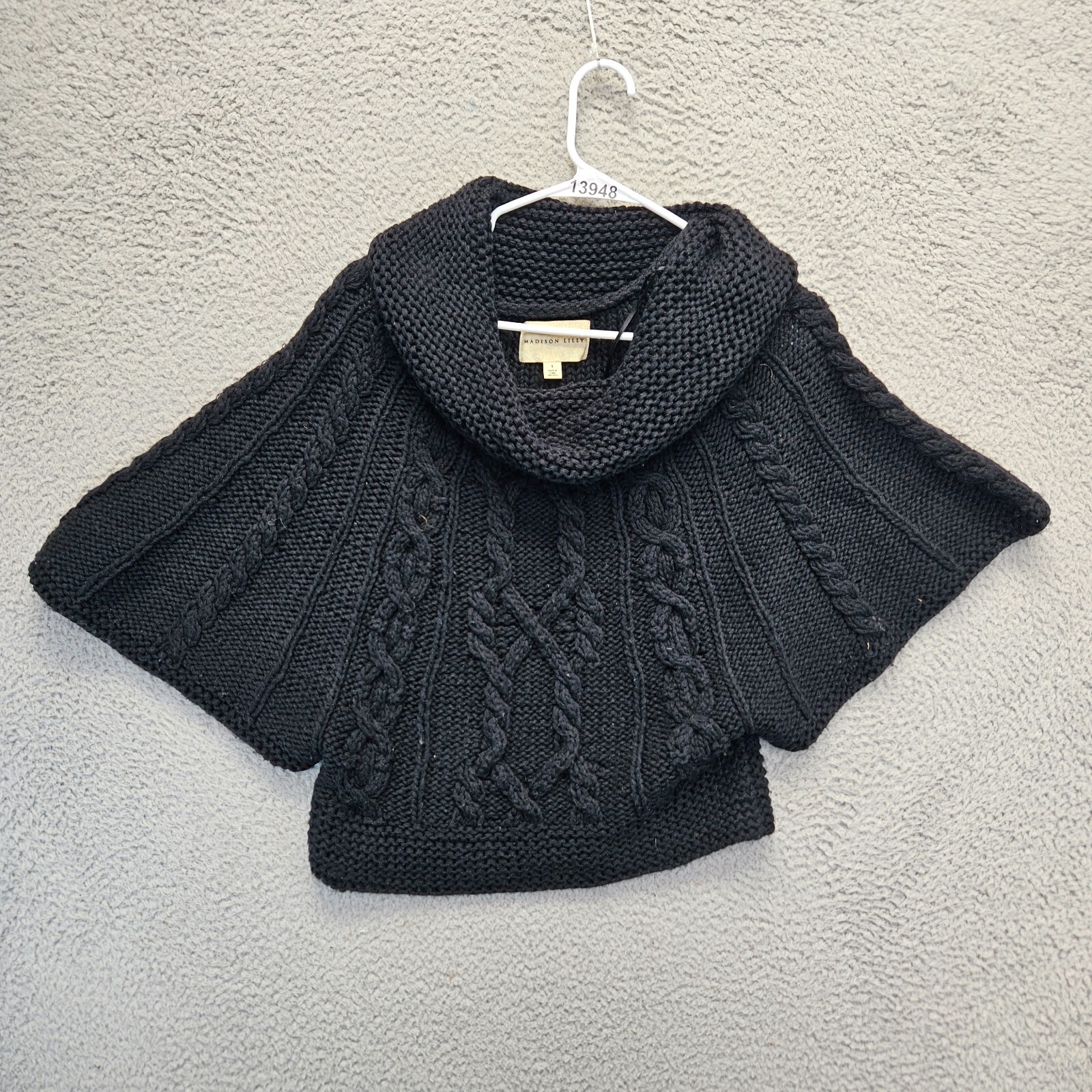 Madison Lilly Sweater Womens Small Black Cowl Neck Poncho Cable Knit