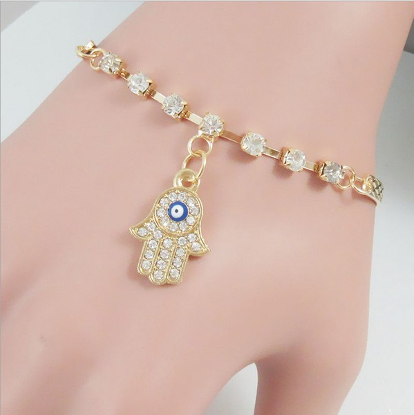 Alternate view of Gold Plated Hand Bracelet Chain Hamsa Evil Eye Crystal Bangle Hot