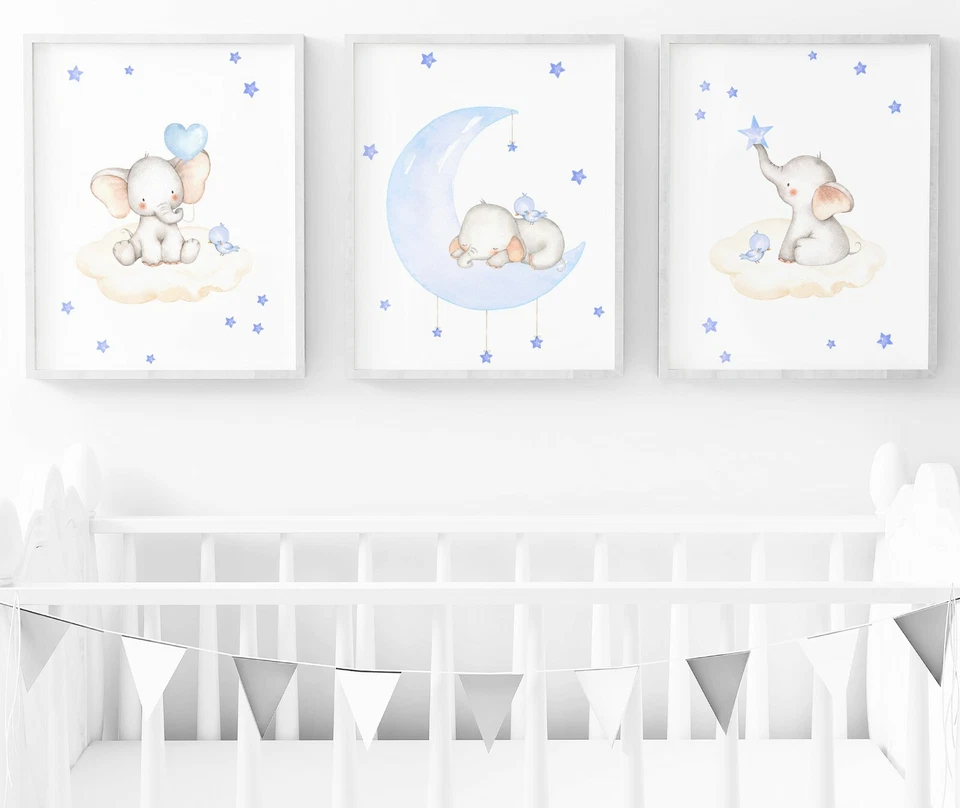 Blue Elephant Nursery Print - Set Of 3 - Baby Room Wall Art - Nursery Decor