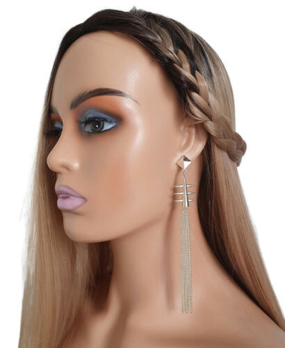 14cm long SILVER tone chain tassel waterfall drop earrings with spike detail #13 - Picture 1 of 2