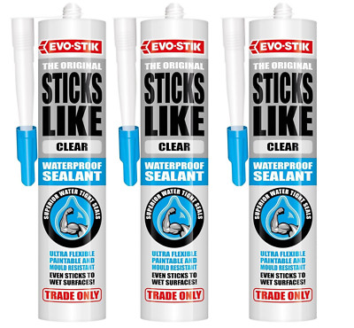 3 x 290ml Evo-Stik Sticks wie Allwetter Polymer Kleber Dichtstoff weiß klar