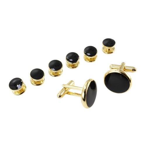 Mens Formal Black & Gold Gilt Dress Shirt Button Stud Set and Cufflinks