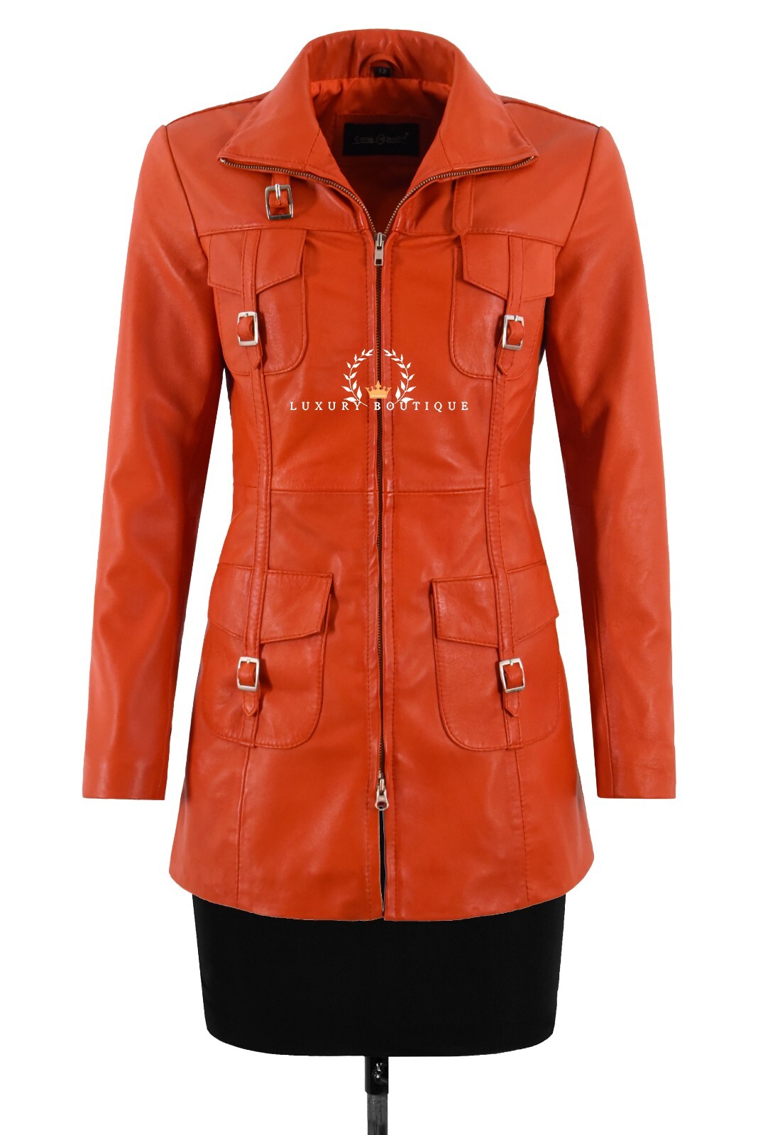 ALTRA Giacca Donna In Pelle Cerniera Arancione Lunghezza Media Slim Fit Stile Casual Cappotto